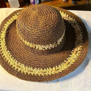 Floppy Straw Hat Brown with Beige Pattern and Tan Beads Design